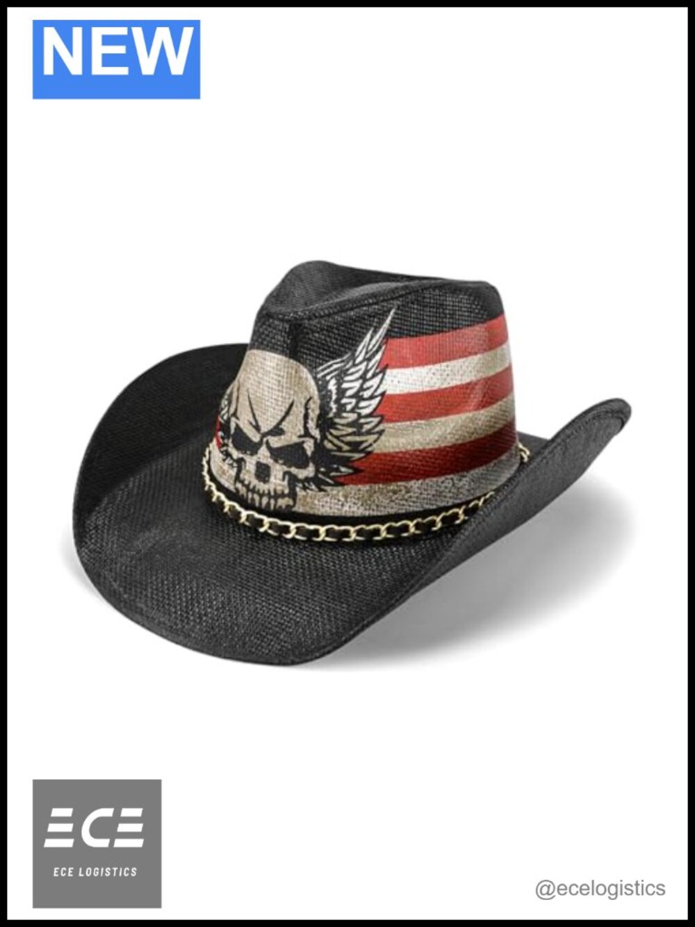 Western Cowboy Hat Shapable Brim Tea Stained Skull Wings Unisex